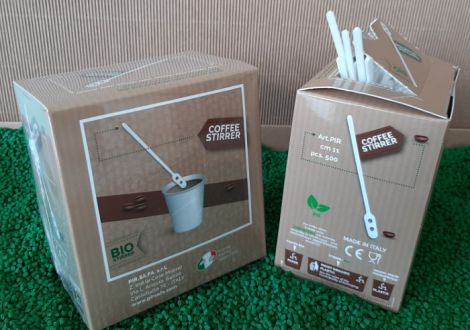 Bio coffee stirrer or cappuccino of 11 cm, in a hygienic cardboard container.